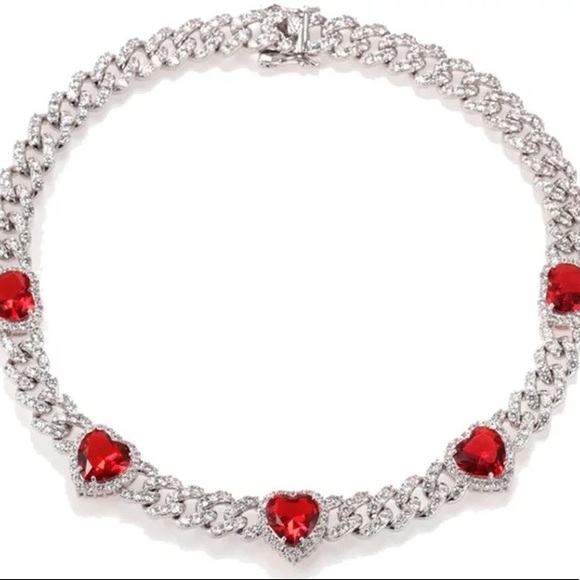 Red Heart Diamond Cuban Link Chain - Picture 1 of 4